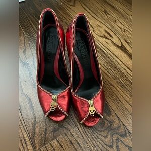 Alexander McQueen Red Metallic Peep-Toe Zipper Heels W/ Skull Detail.  Size 37.5
